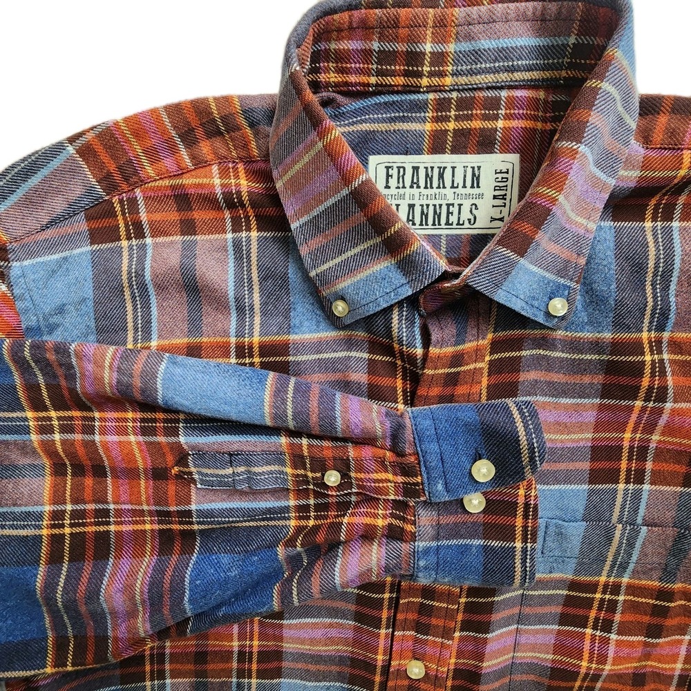 Franklin Flannels XL Shirt Mens Upcycled Vintage Orange Blue‎ Button Down Grunge - Picture 2 of 7